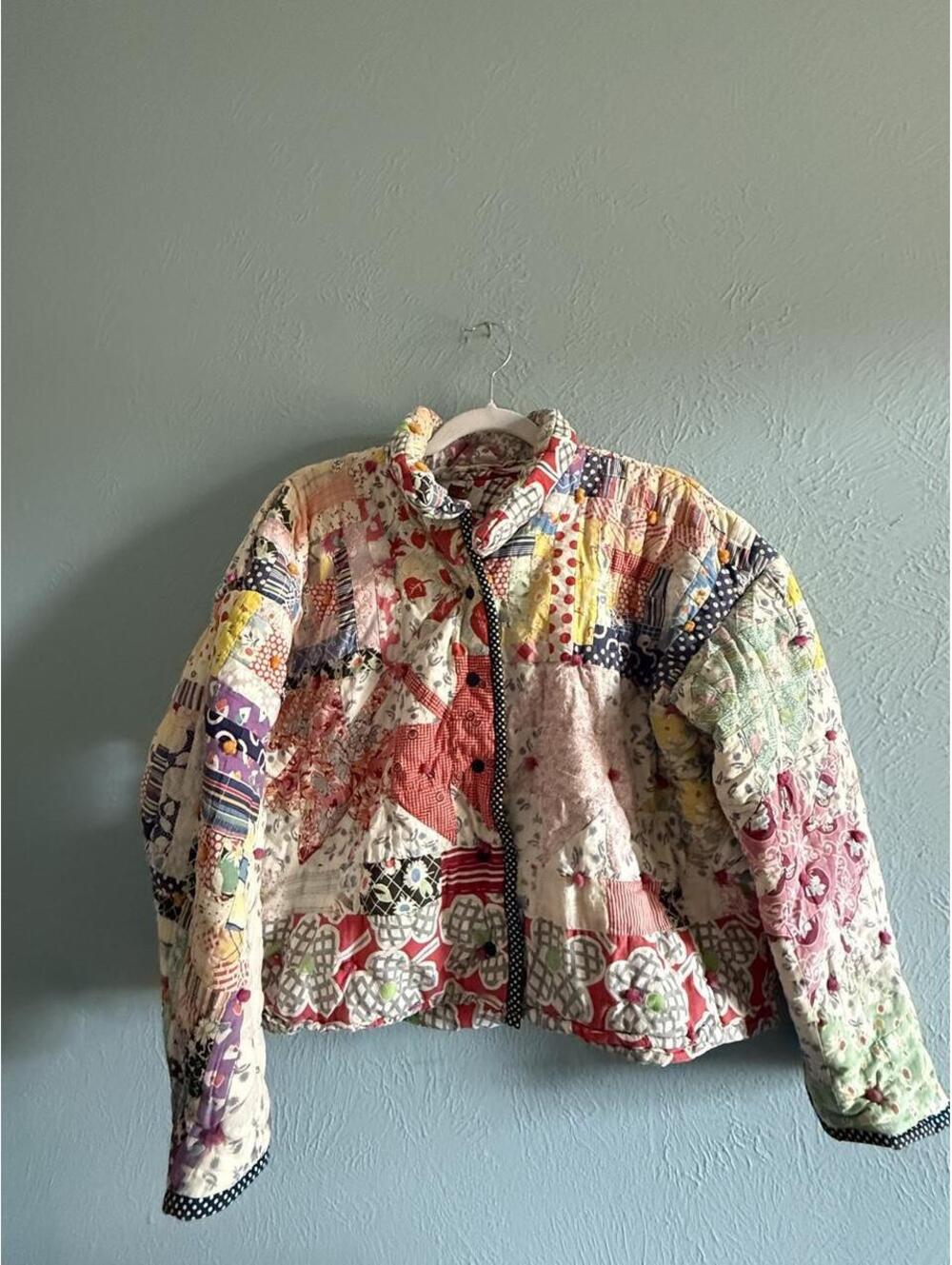 Handmade one of one Colorful 1930s Feedsack Quilt Jacket Maple Leaf